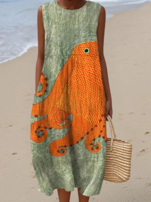Robe midi sans manches Danoir Paris Tess, motif océanique multicolore, tissu léger et élégant pour femmes.