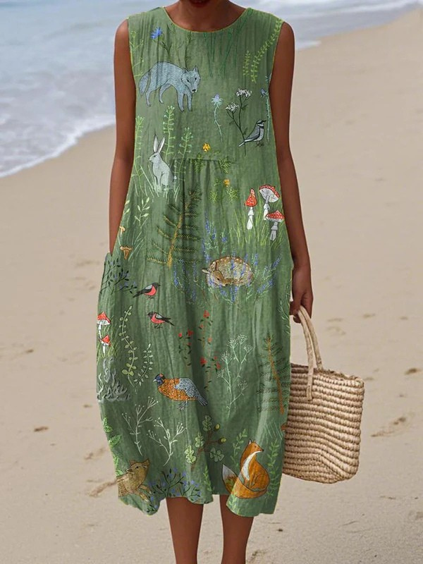 Robe midi sans manches Danoir Paris Espoir Woodland verte, élégante et fluide, pour un style chic et décontracté.