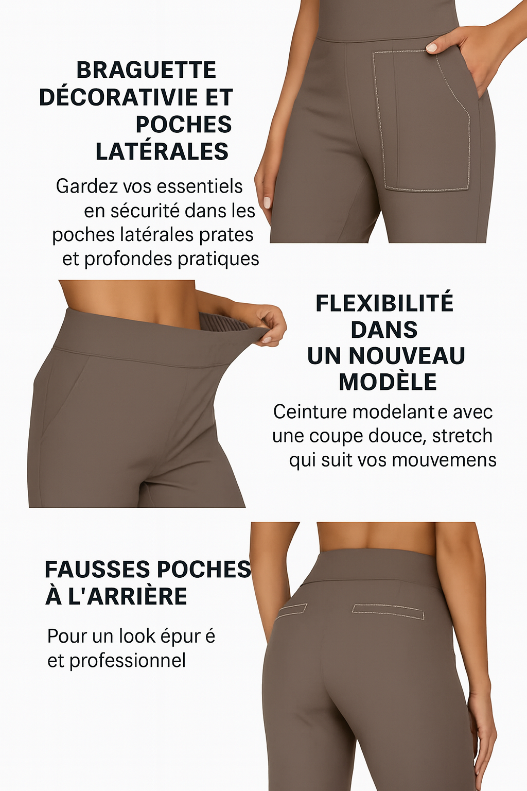 Pantalon stretch confortable Danoir Paris en taupe, adapté pour chaque femme, vue en gros plan.