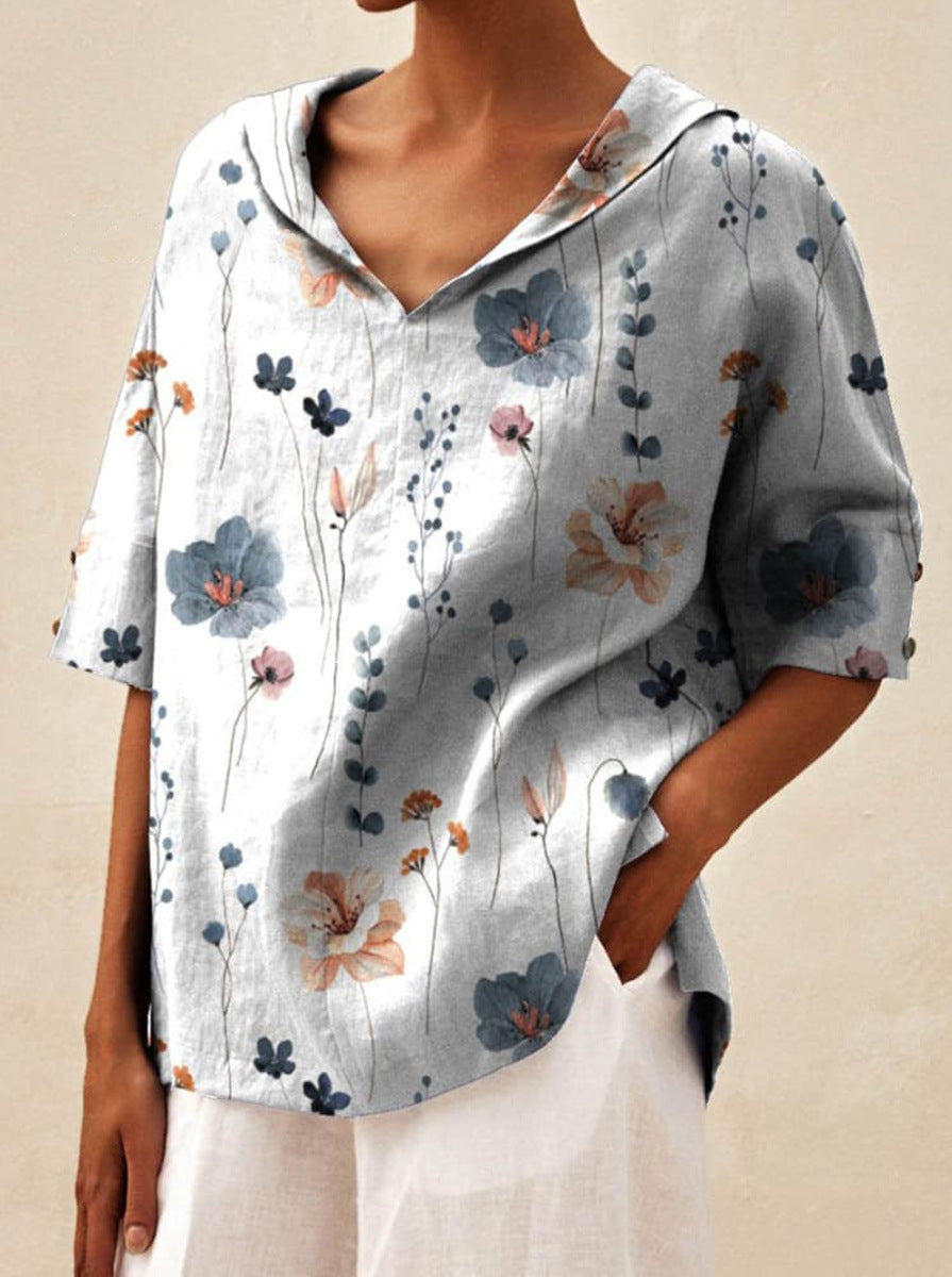 Haut léger floral estival Andrea de Danoir Paris, blouse blanche avec motif floral, léger et élégant pour l'été.
