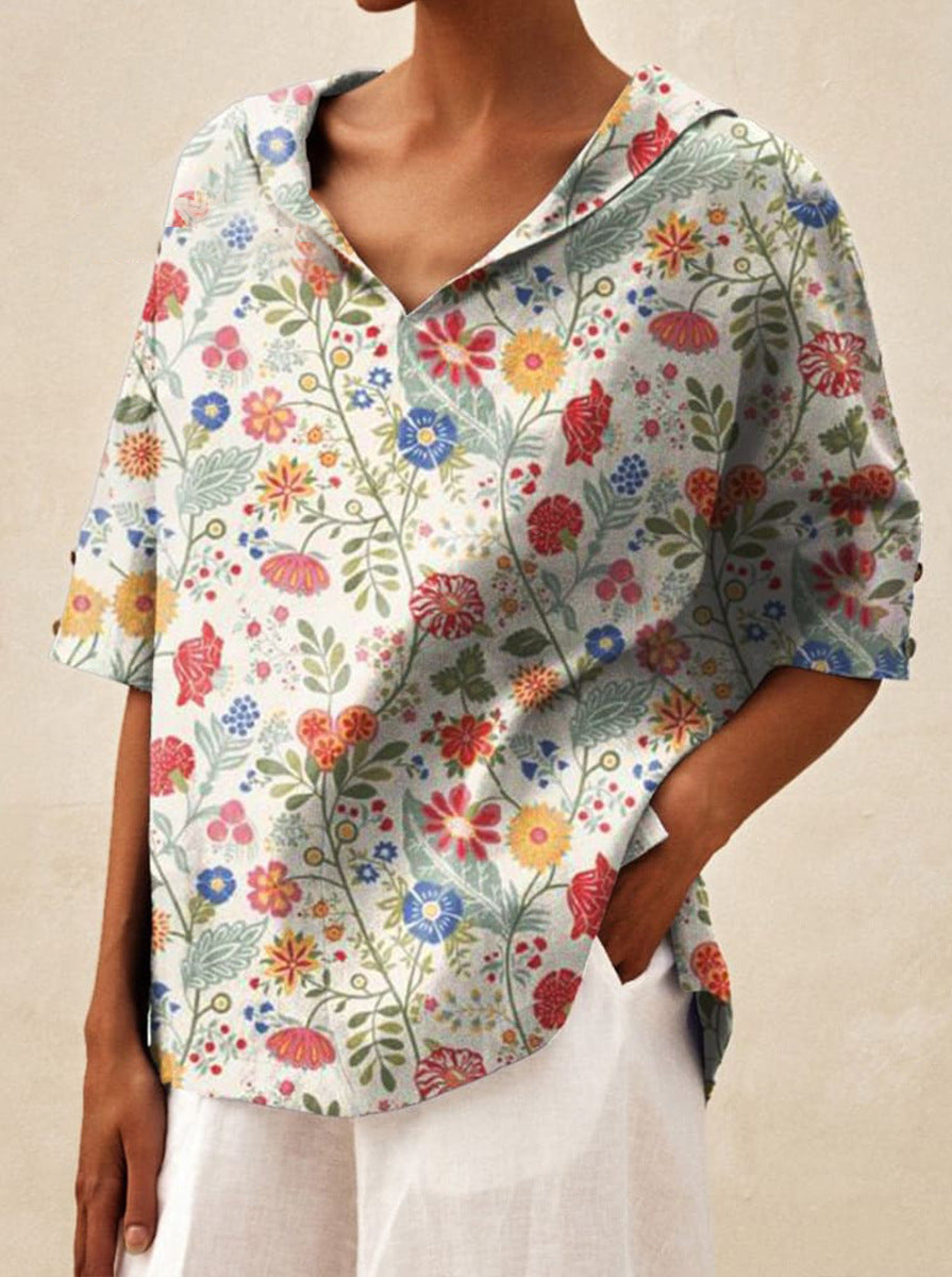 Haut léger floral estival Andrea de Danoir Paris, blouse blanche avec motif floral, tissu léger et féminin.
