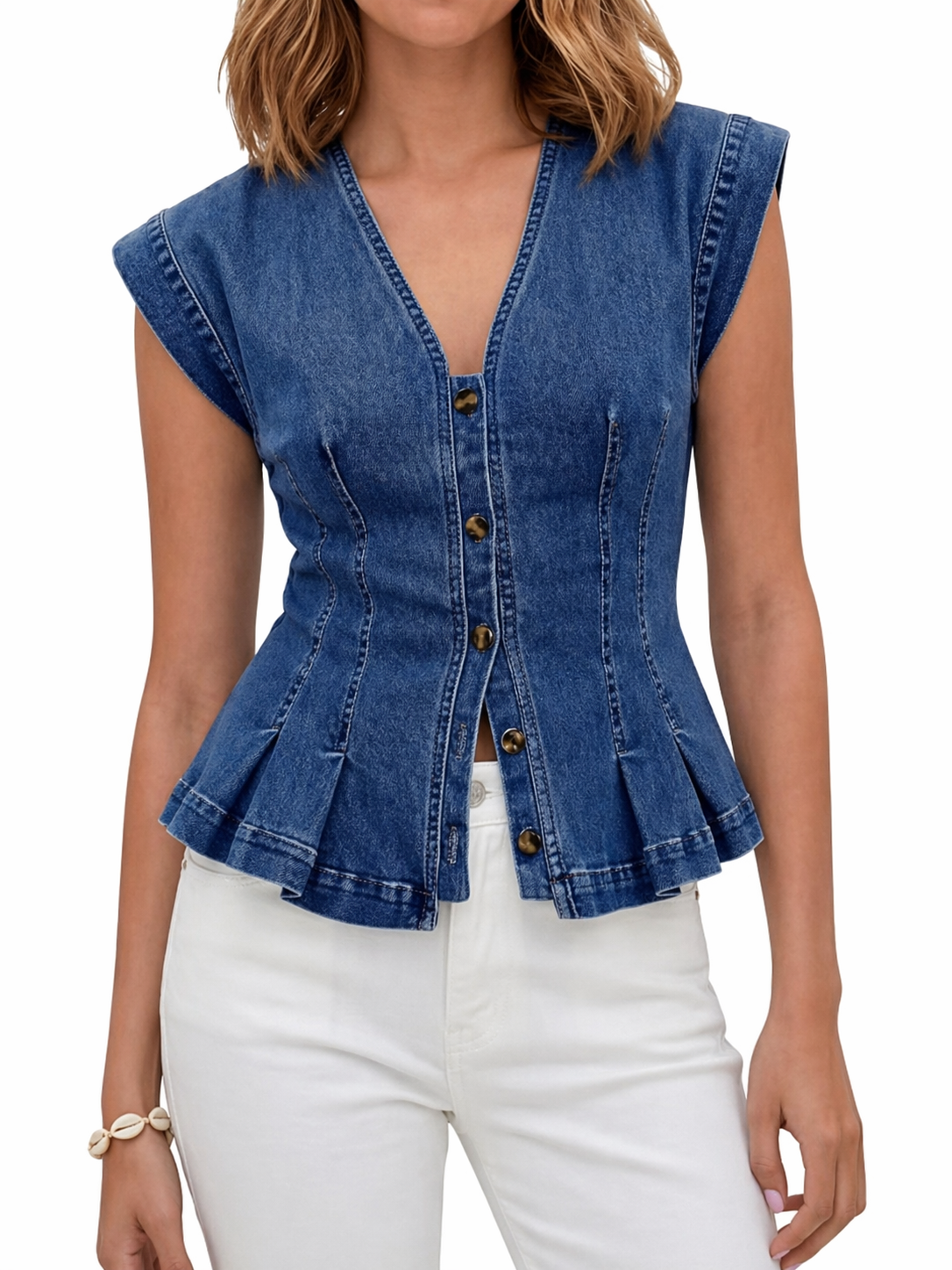 Haut en denim bleu foncé Viera à col en V de Danoir Paris, top décontracté pour femme, détail en tissu denim.