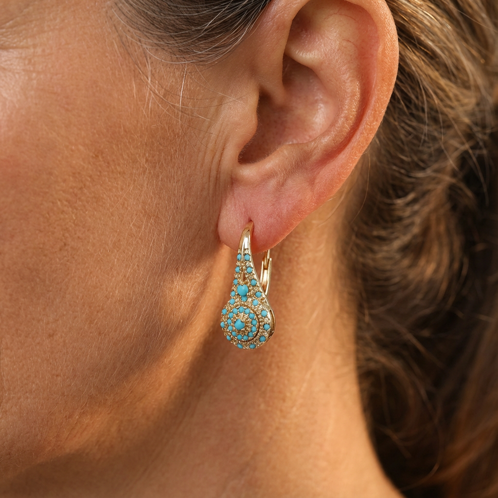 Boucles d'oreilles Danoir Paris Gilded Turquoise Bloom en turquoise orné de détails dorés.