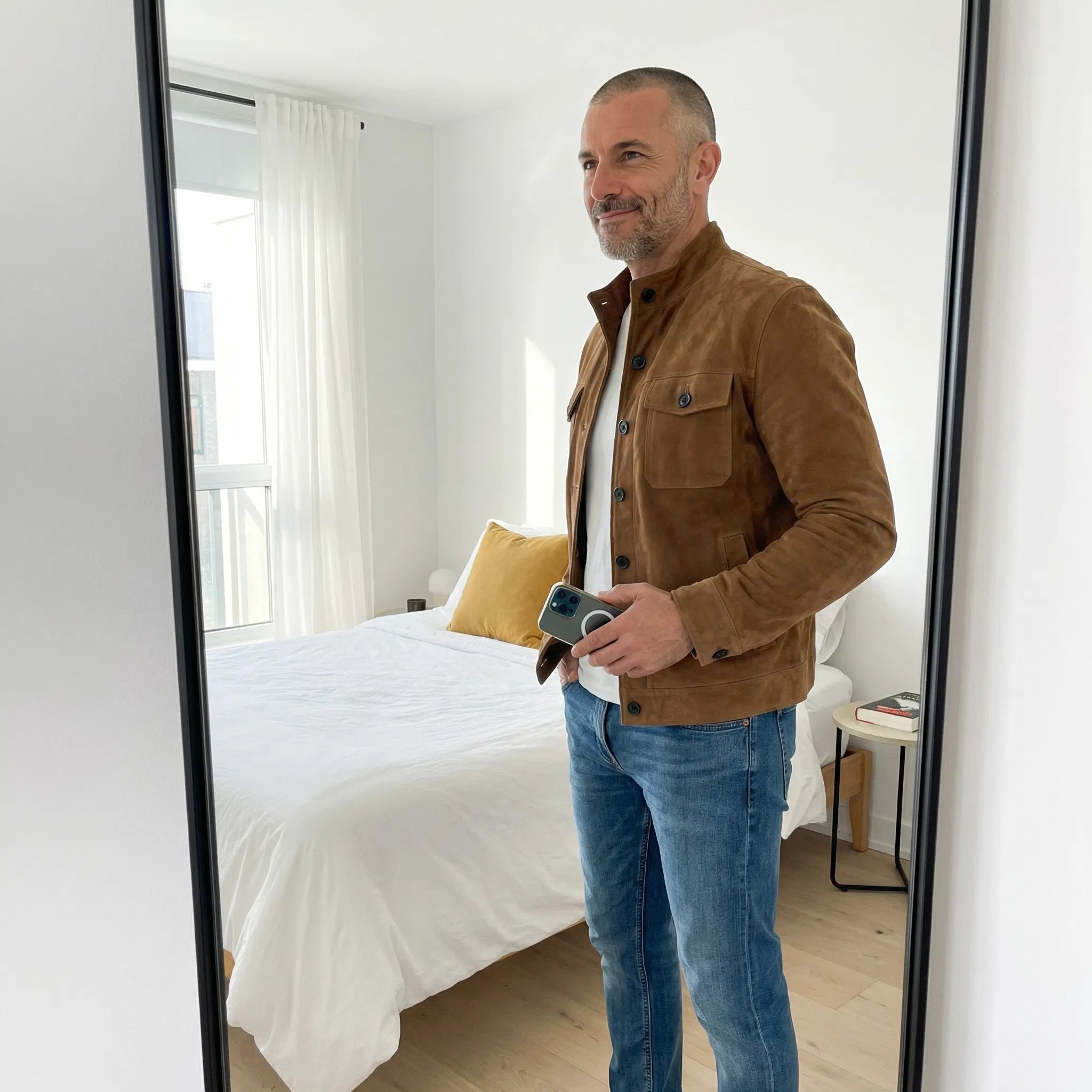 Veste en daim vert Oltrarno™ de Danoir Paris, style élégant et savoir-faire italien, vue de face sur fond neutre.