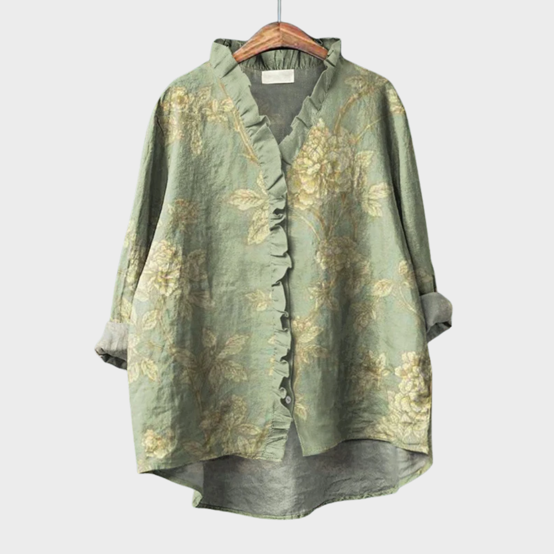 Blouse d'été en lin verte Rosalinde de Danoir Paris, élégante, légère et confortable pour la saison chaude.