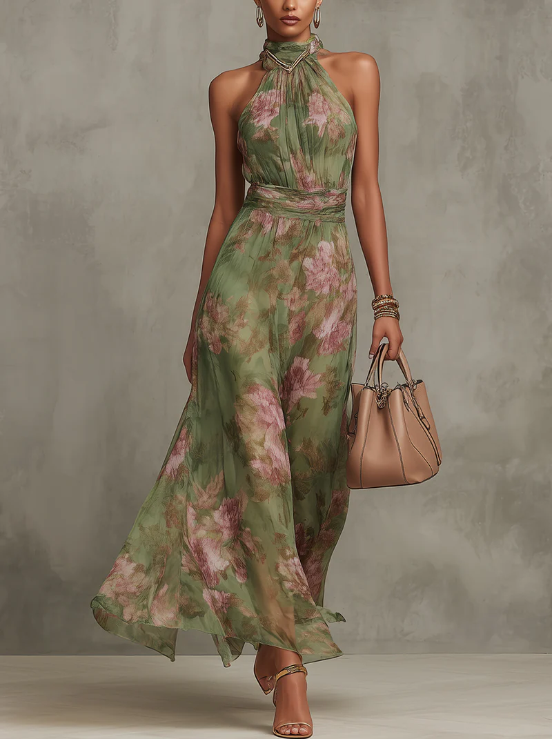 Robe longue verte Danoir Paris Serena avec imprimé floral et col halter, vue de face.