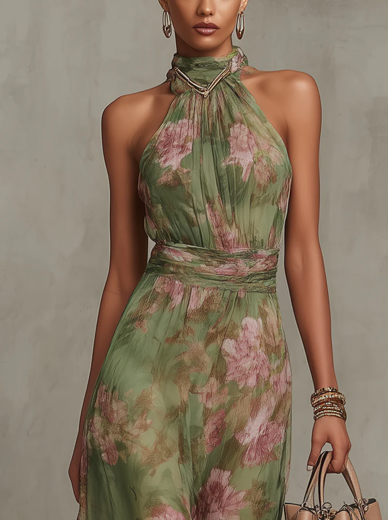 Robe longue verte Danoir Paris Serena avec imprimé floral et col halter, vue de face sur mannequin.