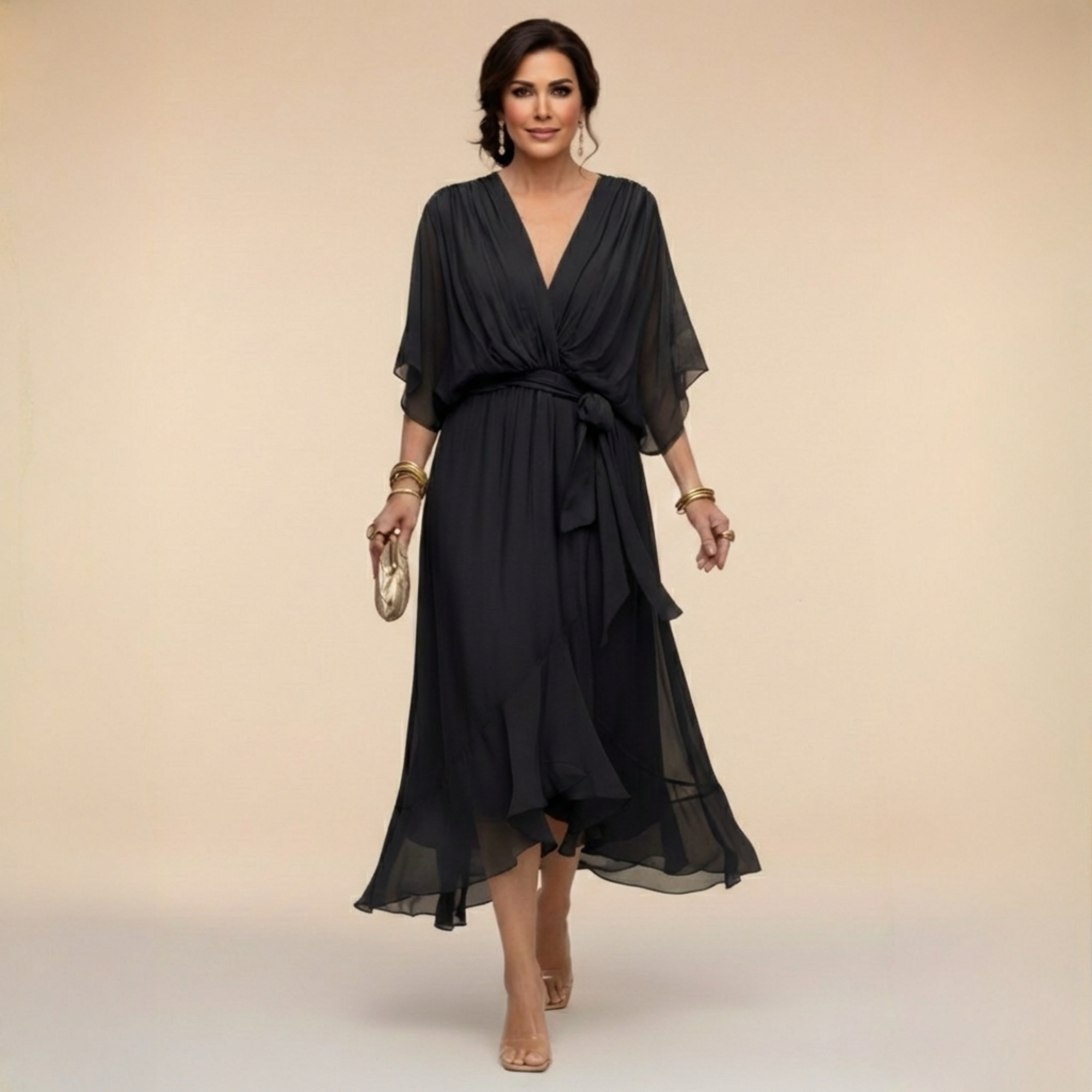Robe en chiffon verte Danoir Paris MARTA avec escote en V, taille XS, élégante et fluide pour occasion spéciale.