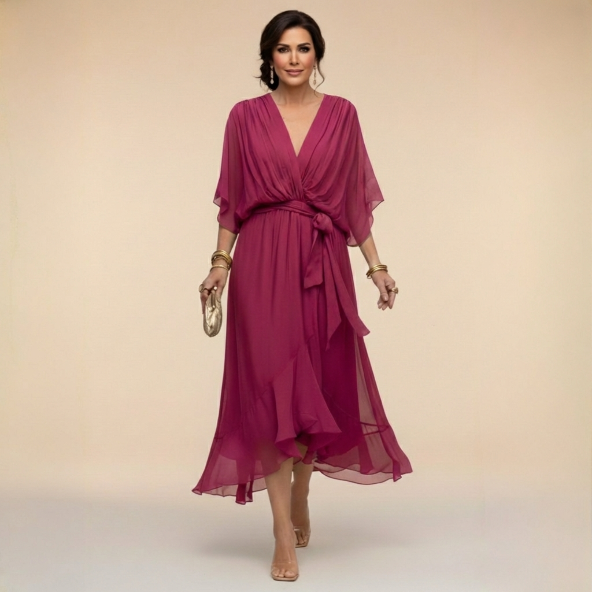 Robe en chiffon verte Danoir Paris Marta avec décolleté en V, taille XS, style élégant et fluide.