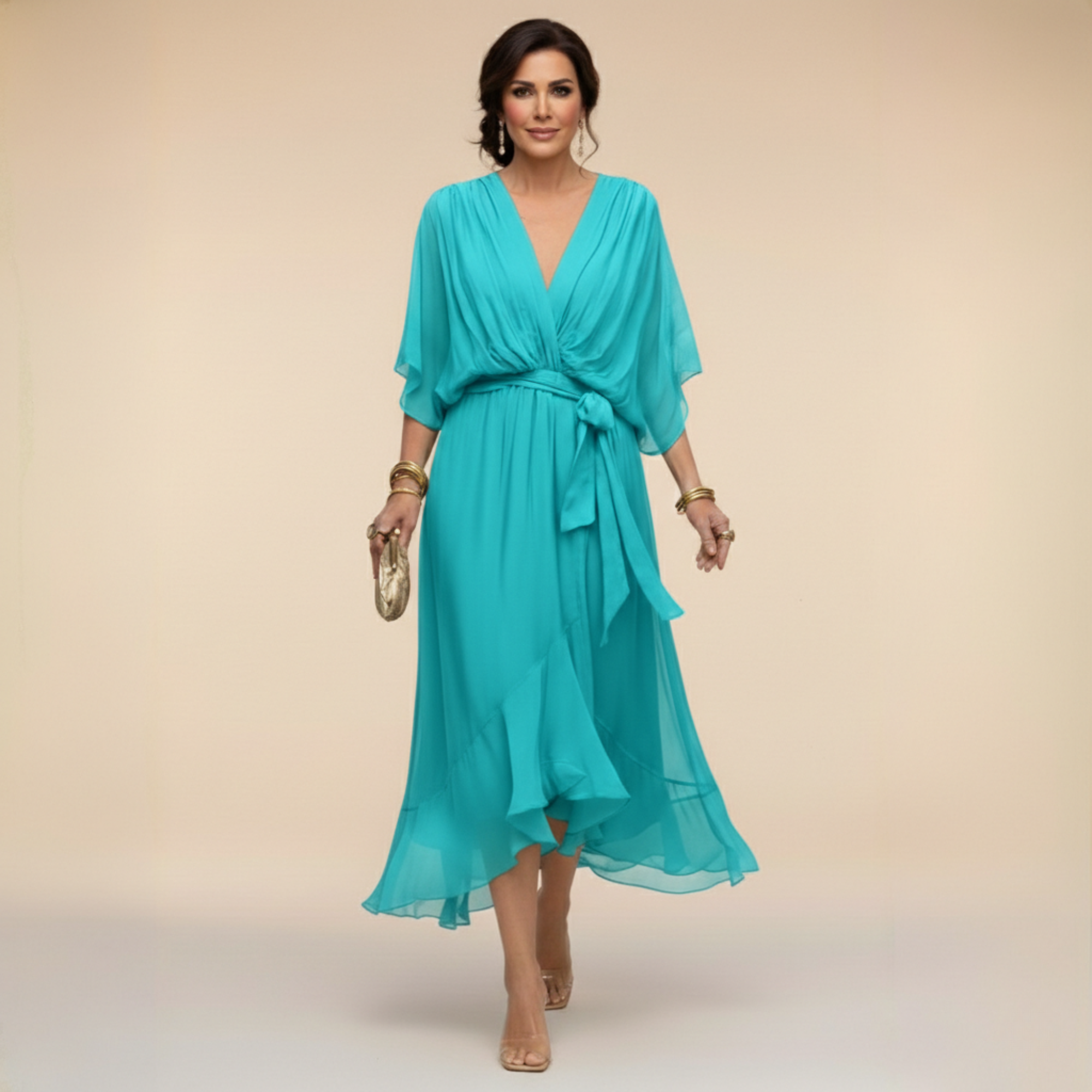 Robe en chiffon verte Marta™ de Danoir Paris avec décolleté en V, taille XS, élégante et fluide.