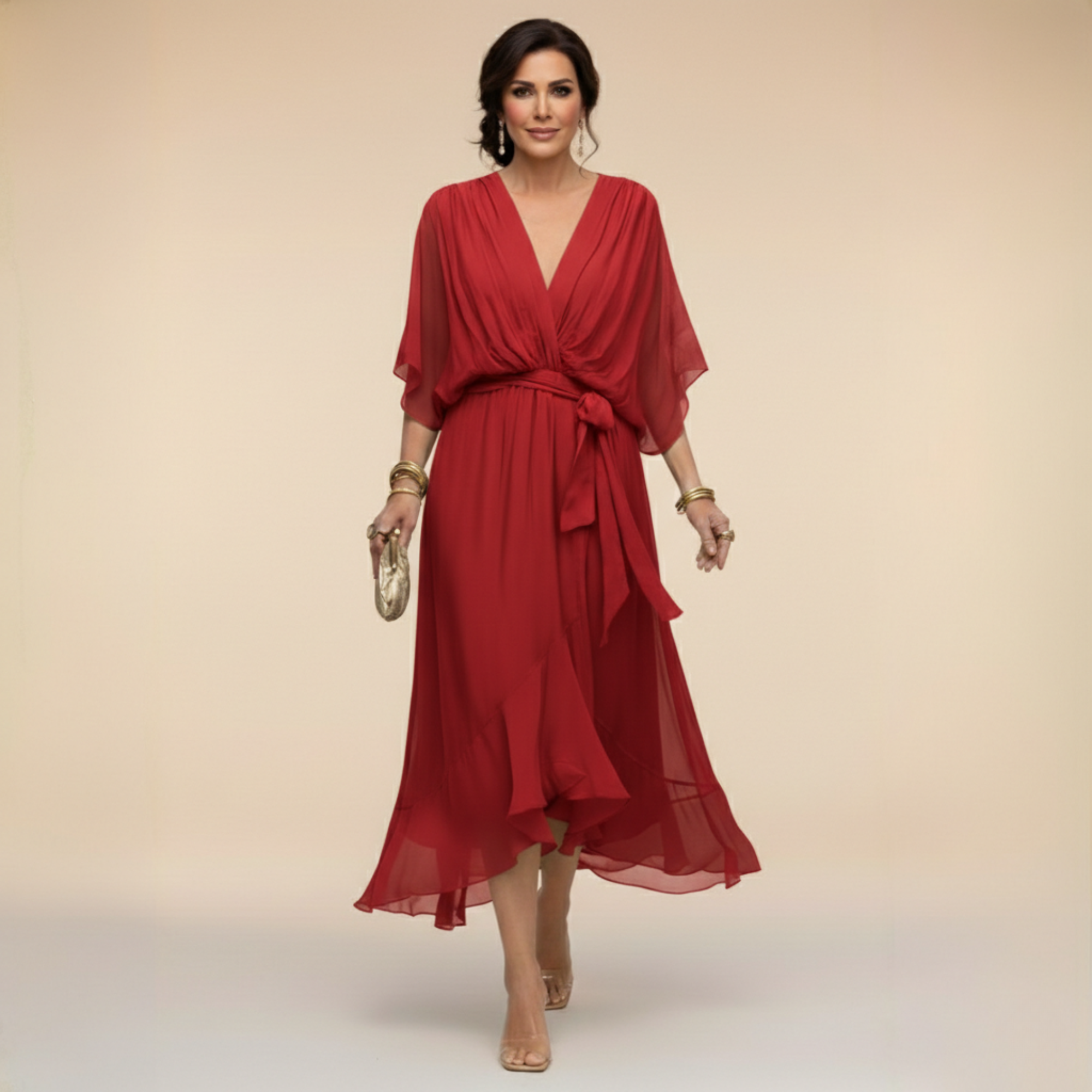 Robe en chiffon verte Danoir Paris Marta avec décolleté en V, taille XS, élégante et fluide.