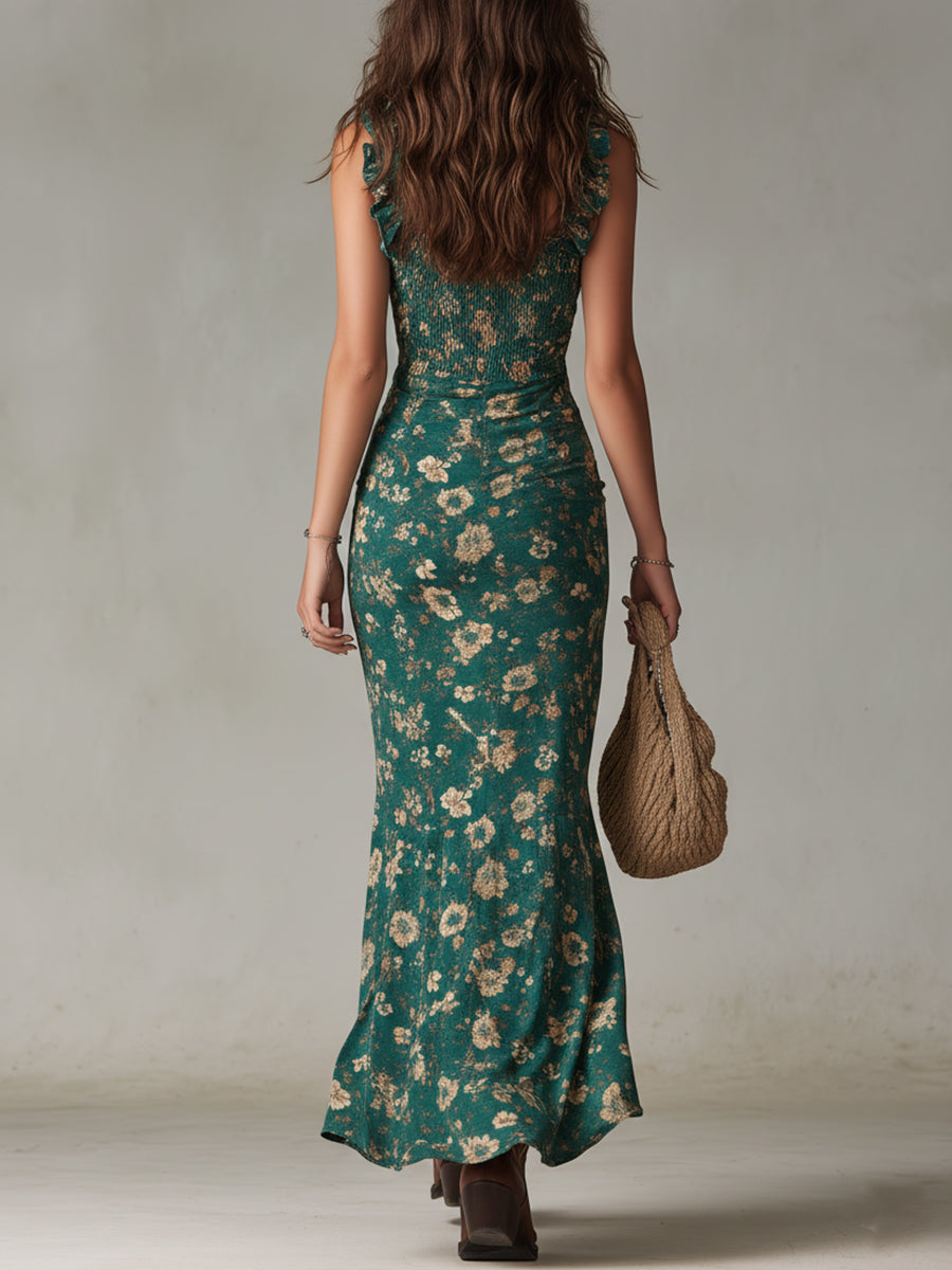 Robe longue verte Danoir Paris style bohème rétro avec manches froncées et ouverture haute, portée dans une image.
