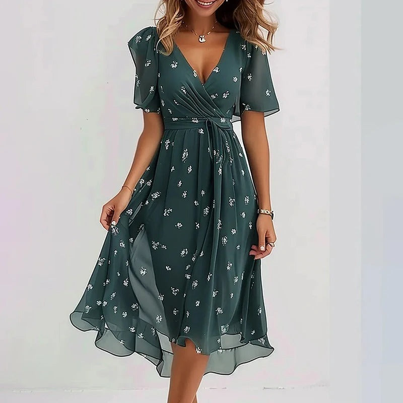 Robe florale élégante Yara de Danoir Paris en tissu vert clair, vue de face avec détails floraux et coupe fluide.
