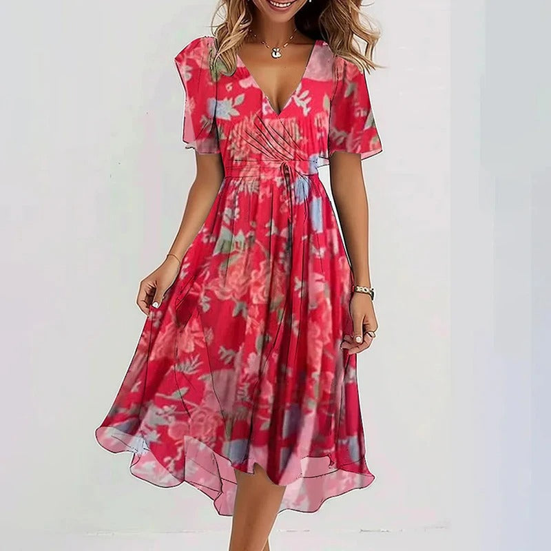 Robe florale élégante Yara de Danoir Paris en tissu vert clair, vue de face avec détails floraux raffinés.
