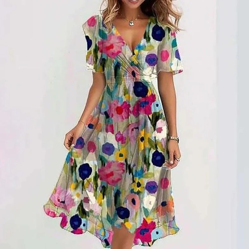 Robe florale élégante Danoir Paris en vert clair, design sophistiqué pour femmes, vue de face avec détails floraux.