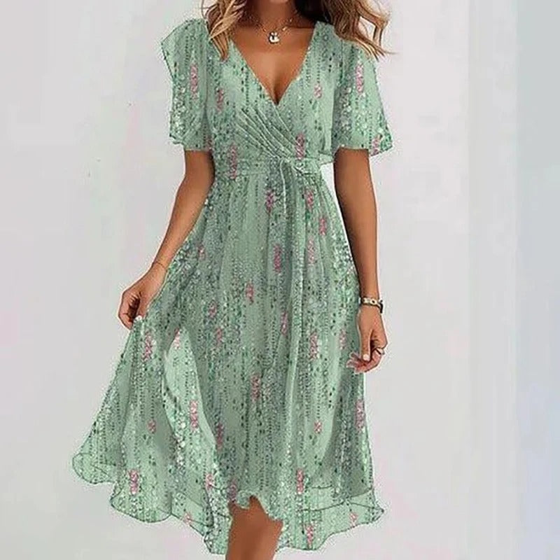 Robe florale élégante Danoir Paris en tissu vert clair, style sophistiqué et design raffiné pour femmes.