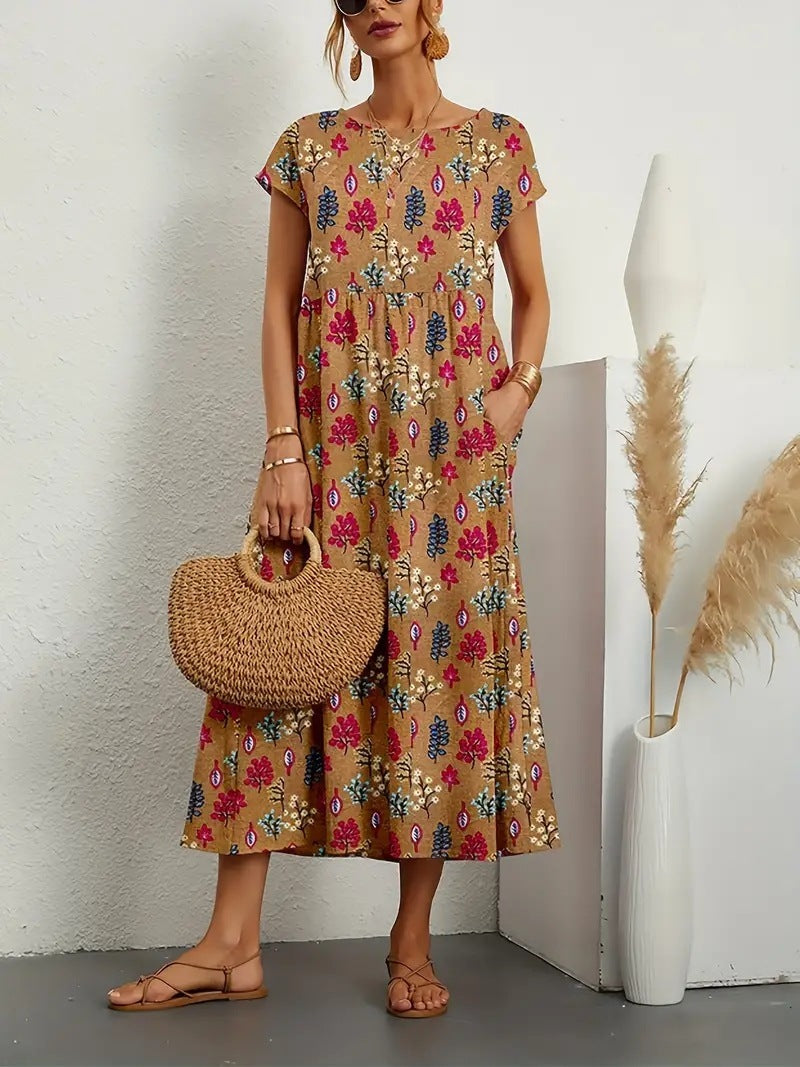 Robe florale élégante Deborah de Danoir Paris en tissu vert foncé, vue de face avec détails floraux raffinés.