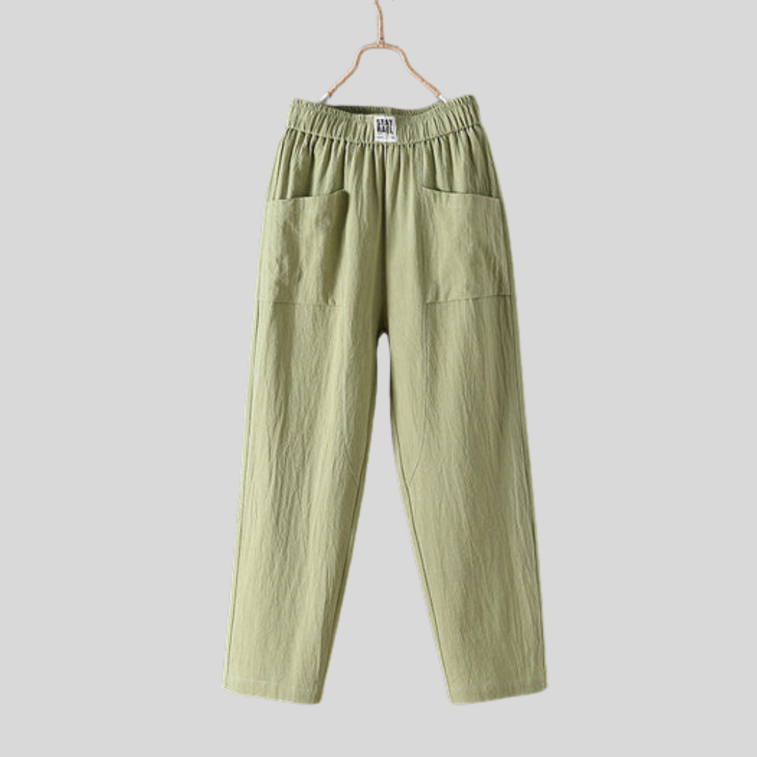 Pantalons relaxés Danoir Paris Alyra vert avec poches, tissu confortable, style décontracté, pour femme.