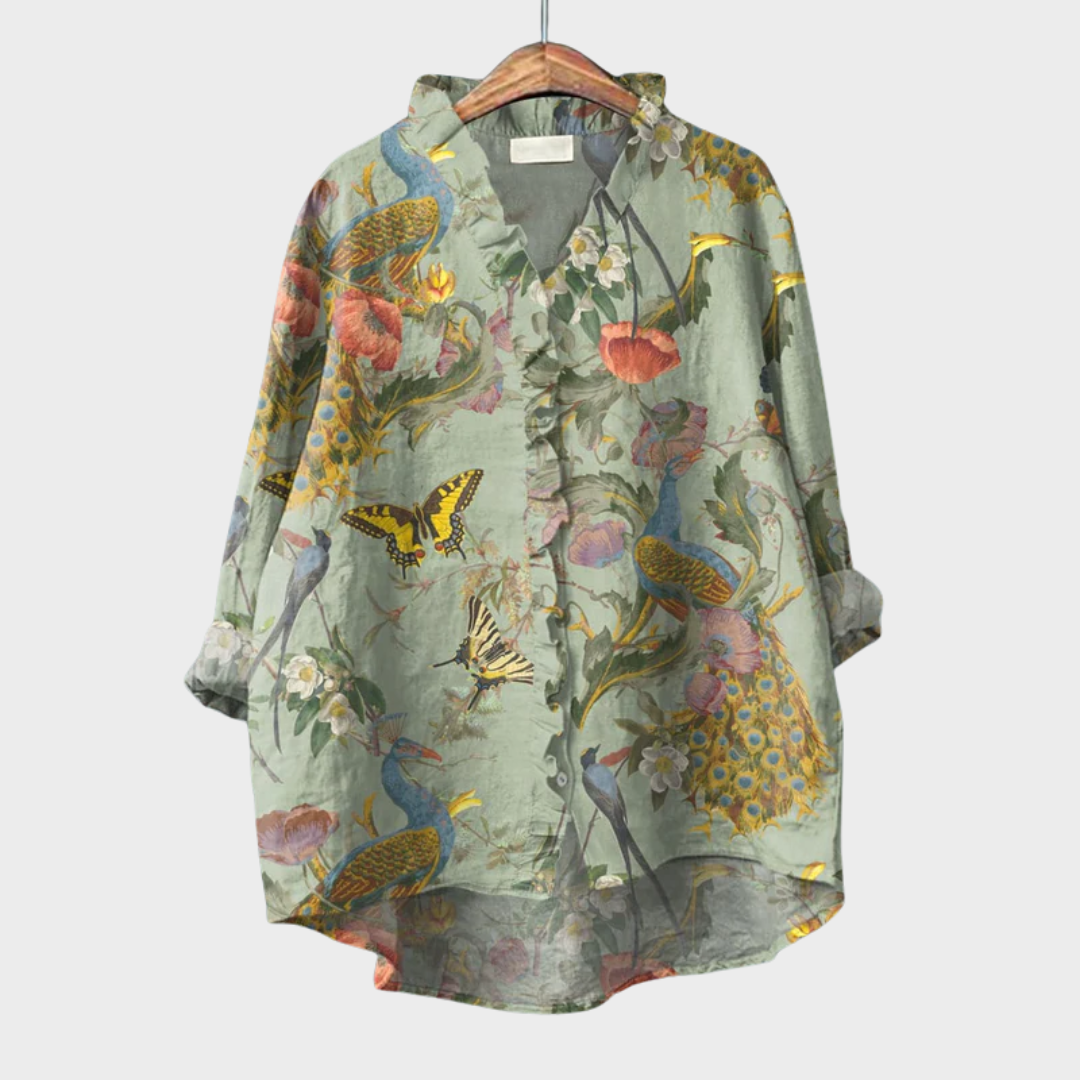 Blouse verte Danoir Paris Alix, style nature poétique, en tissu léger, avec détails floraux et coupe élégante.