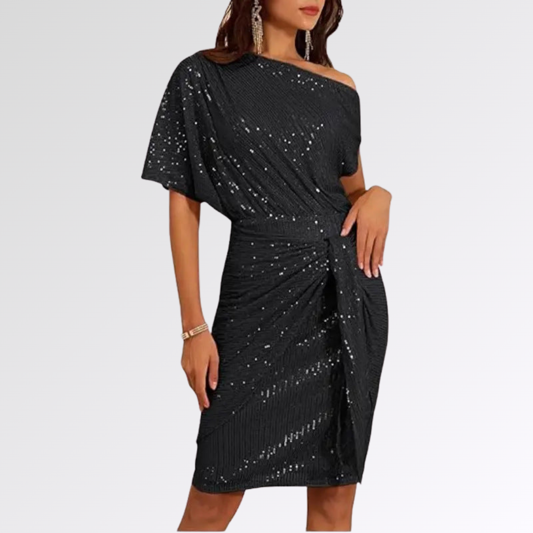 Robe asymétrique scintillante Danoir Paris™ en tissu vert brillant, élégante et moderne, pour une tenue sophistiquée.
