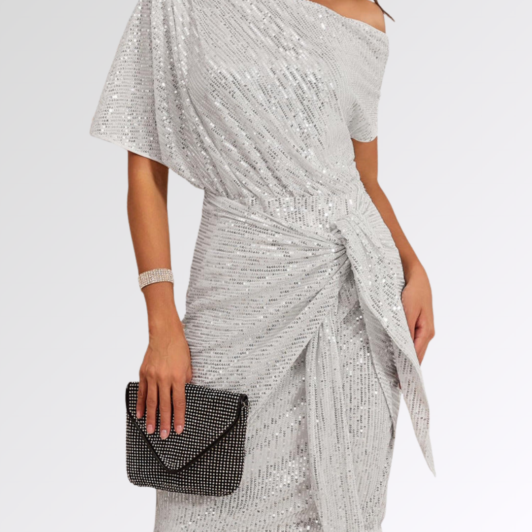 Robe asymétrique scintillante Danoir Paris en vert, élégante et brillante, pour une tenue sophistiquée.
