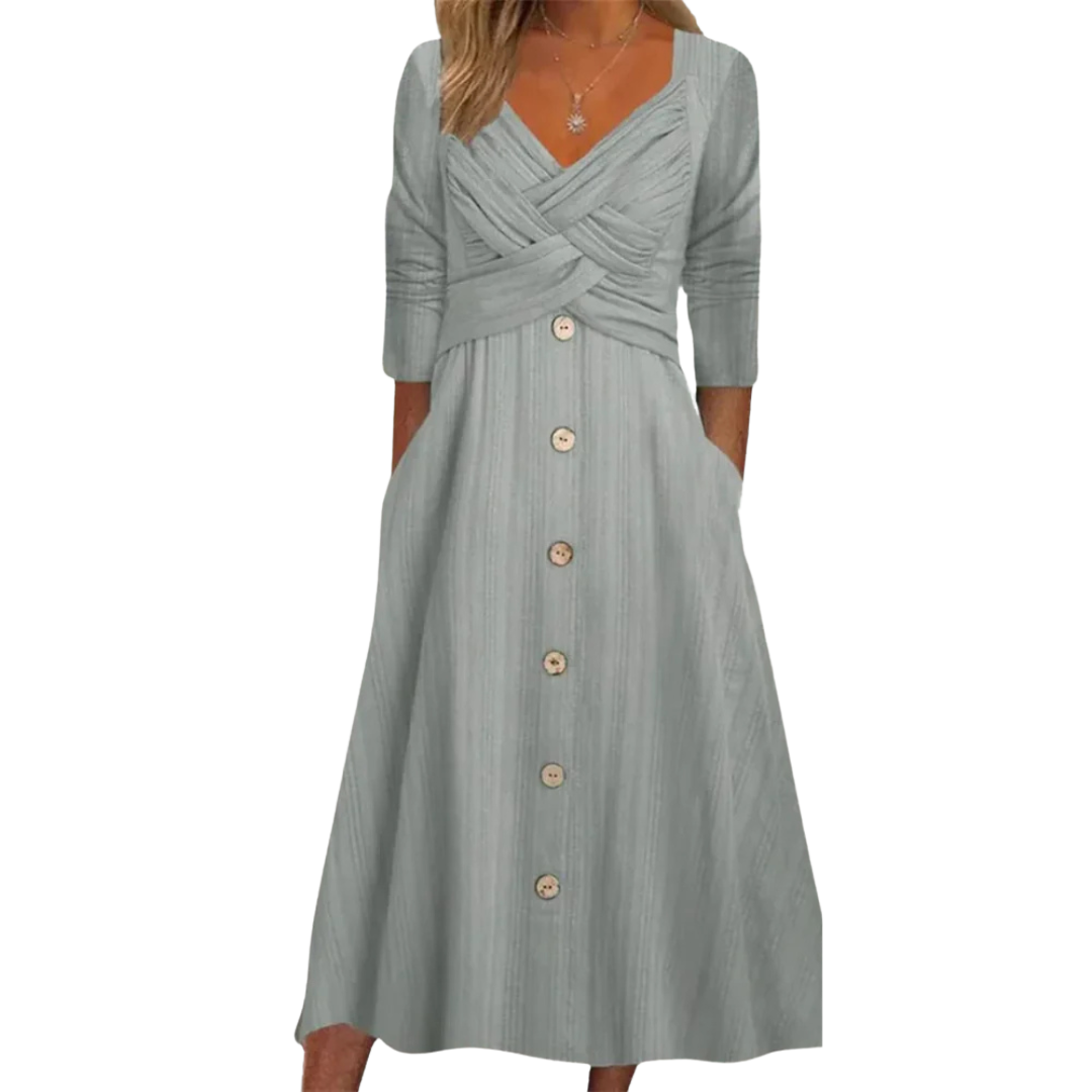 Robe élégante Ella de Danoir Paris en vert avec couverture du ventre, tissu fluide et design sophistiqué pour femmes.