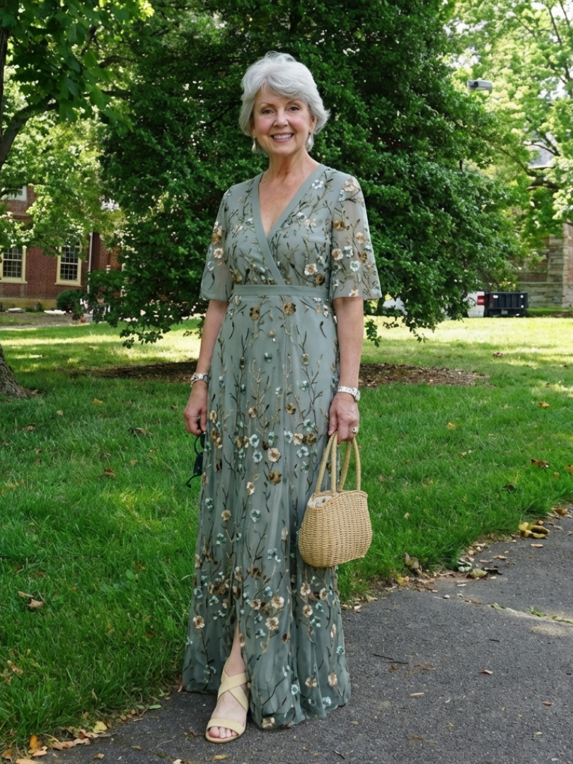 Robe longue fleurie Danoir Paris Élodie avec col en V, motif floral vert, tissu léger et élégant.