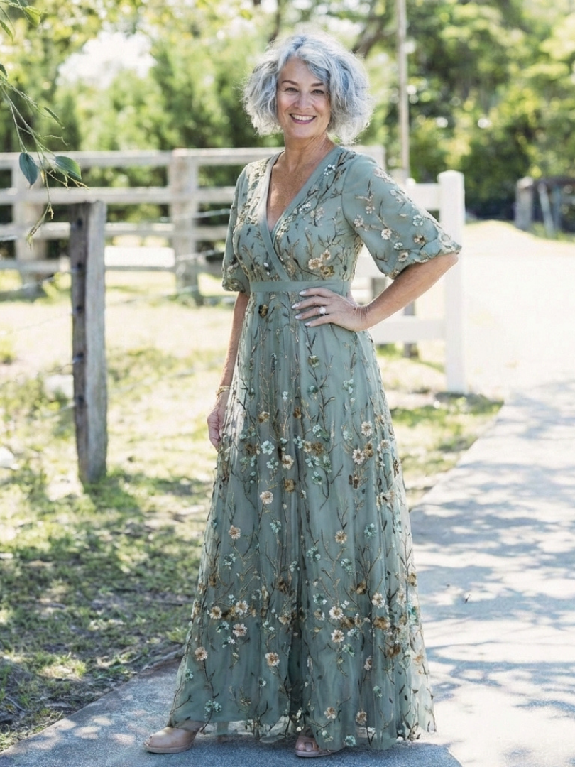 Robe longue fleurie Élodie de Danoir Paris avec col en V, élégante et légère, tissu floral vert.