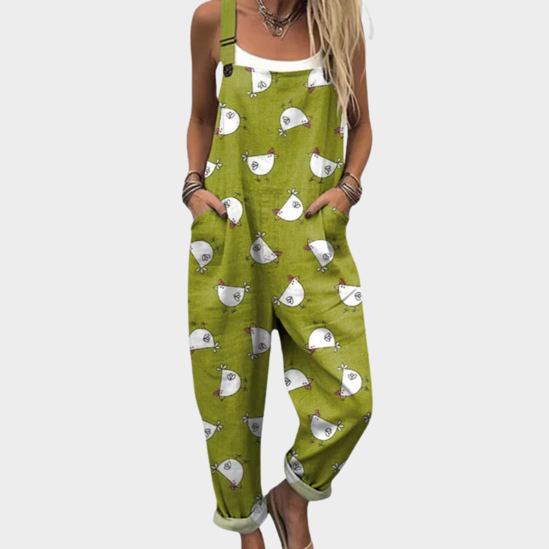 Salopette imprimée verte pour femme de Danoir Paris, vêtement confortable avec motif coloré, vue de face sur mannequin.