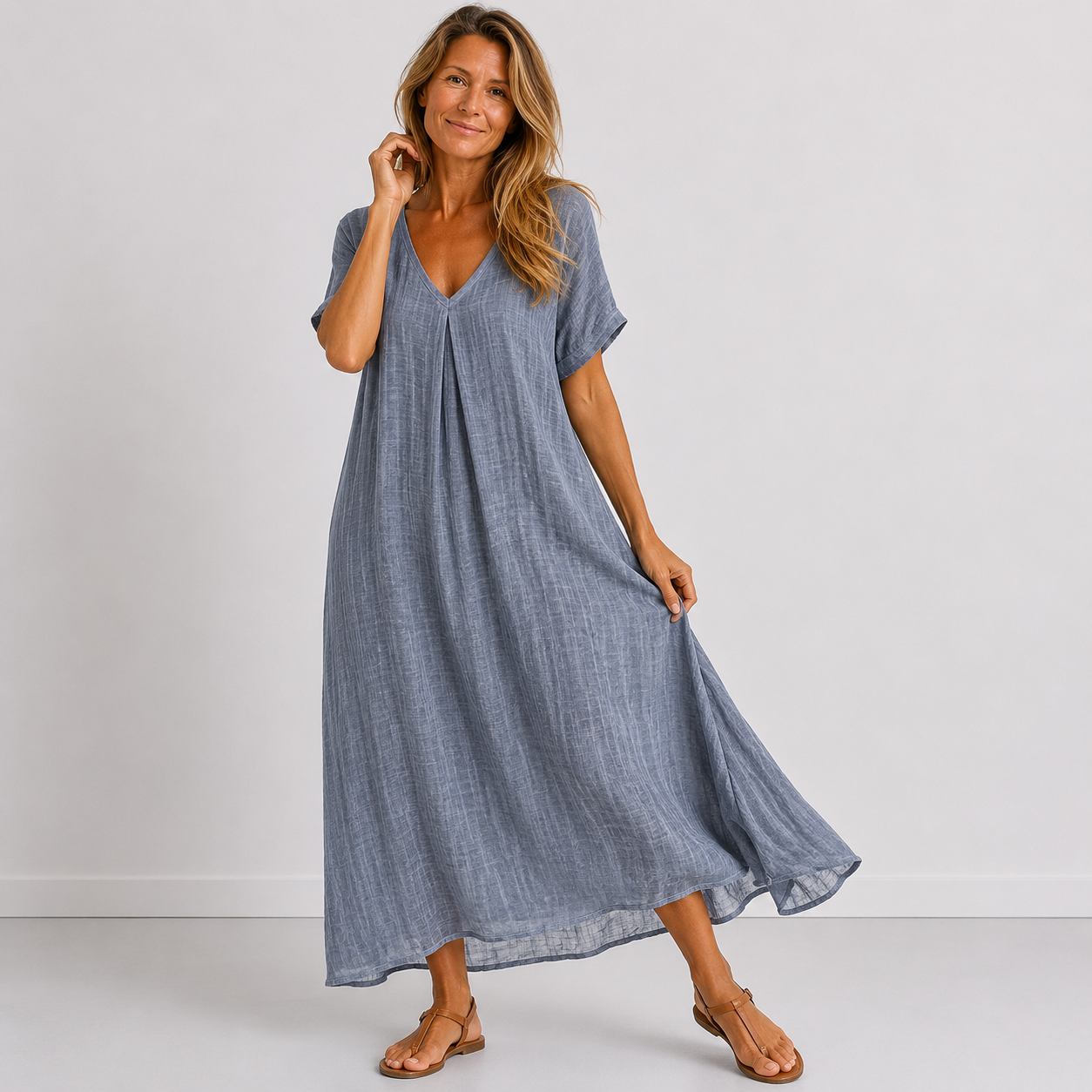 Robe longue fluide violette Danoir Paris portée, détails en tissu léger et design élégant, vue de face.