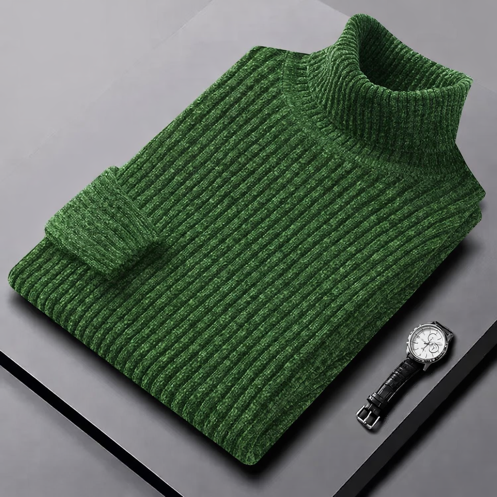 Pull col roulé pour homme Danoir Paris en vert, tissu doux et confortable, vue de face sur mannequin.