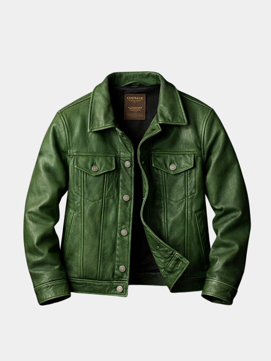 Veste rider pour homme Danoir Paris, coupe ajustée, couleur verte, en cuir ou simili, style tendance et moderne.