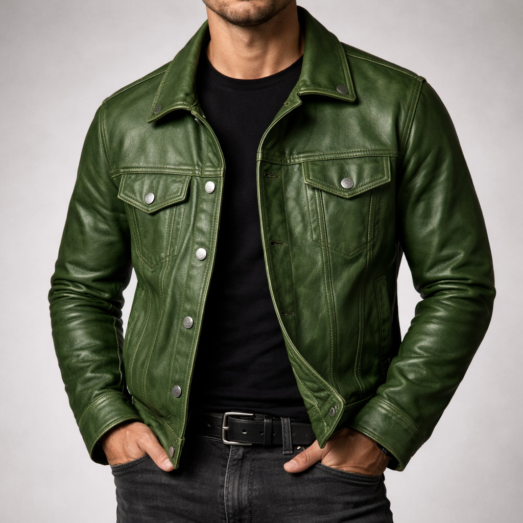 Veste rider pour homme Danoir Paris en vert, coupe ajustée, avec détails en cuir et fermeture éclair visible.