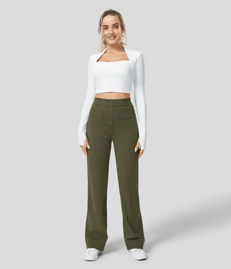 Pantalons élastiques confortables Jade de Danoir Paris en vert, taille XS, tissu doux et flexible, parfait pour un style décontracté