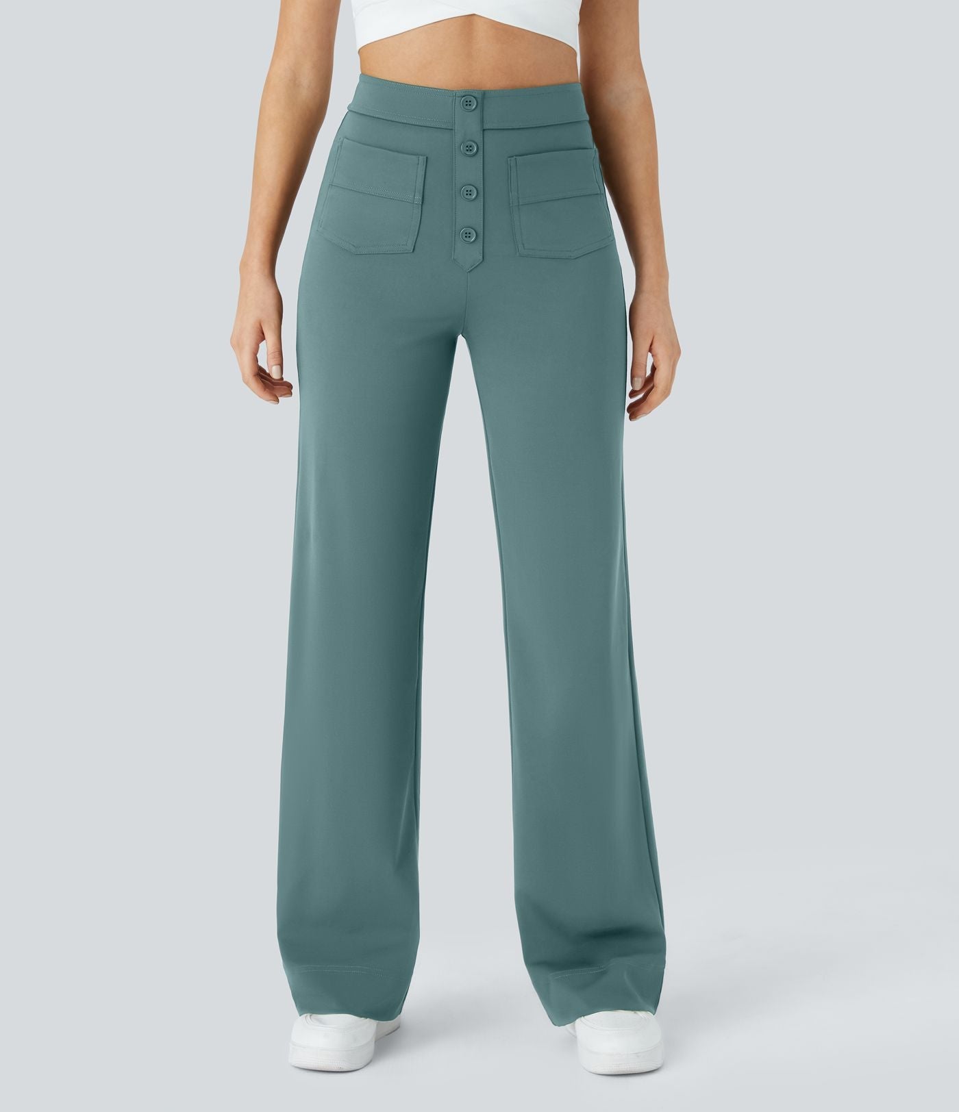 Pantalons élastiques confortables Jade de Danoir Paris en tissu vert, taille XS, mode décontractée et élégante.