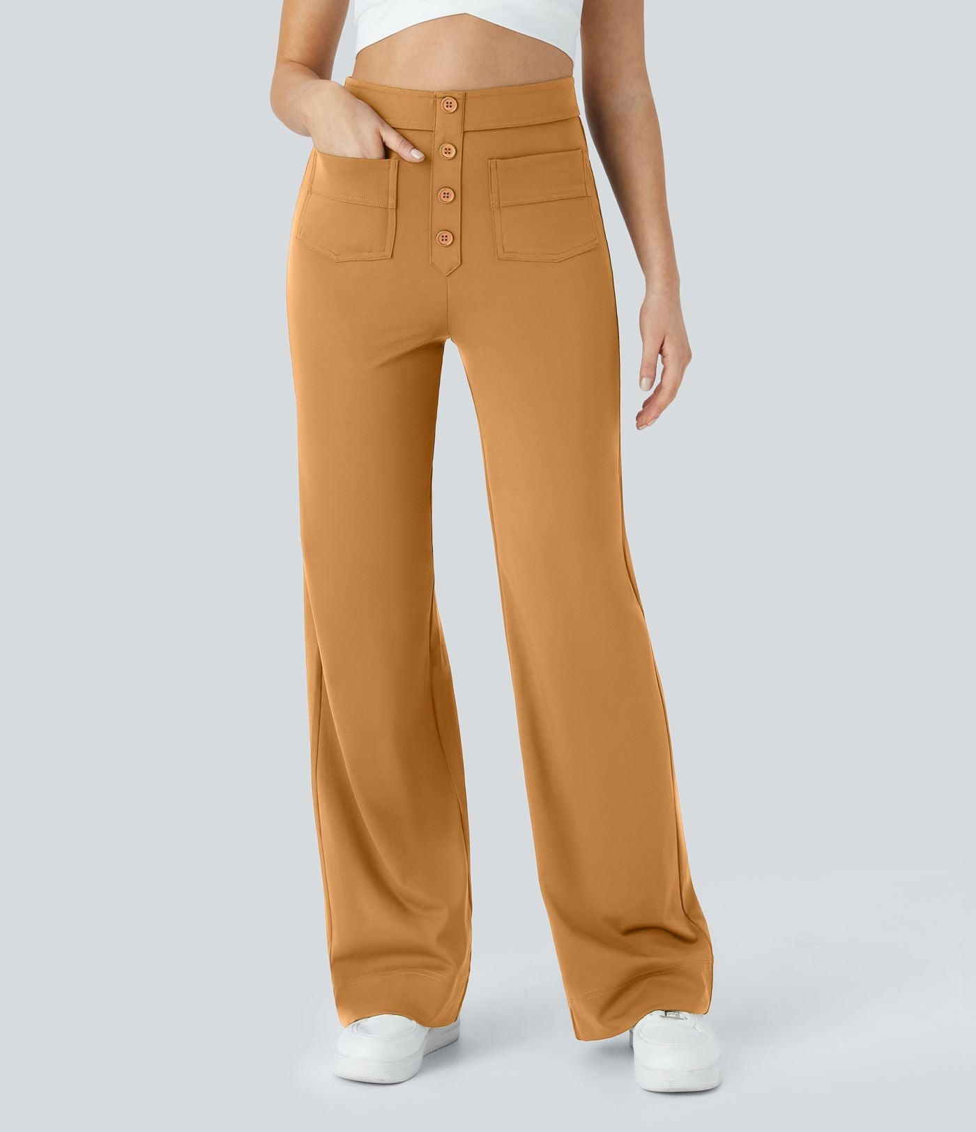 Pantalons élastiques confortables Jade de Danoir Paris en tissu vert, taille XS, vue de face sur fond blanc.
