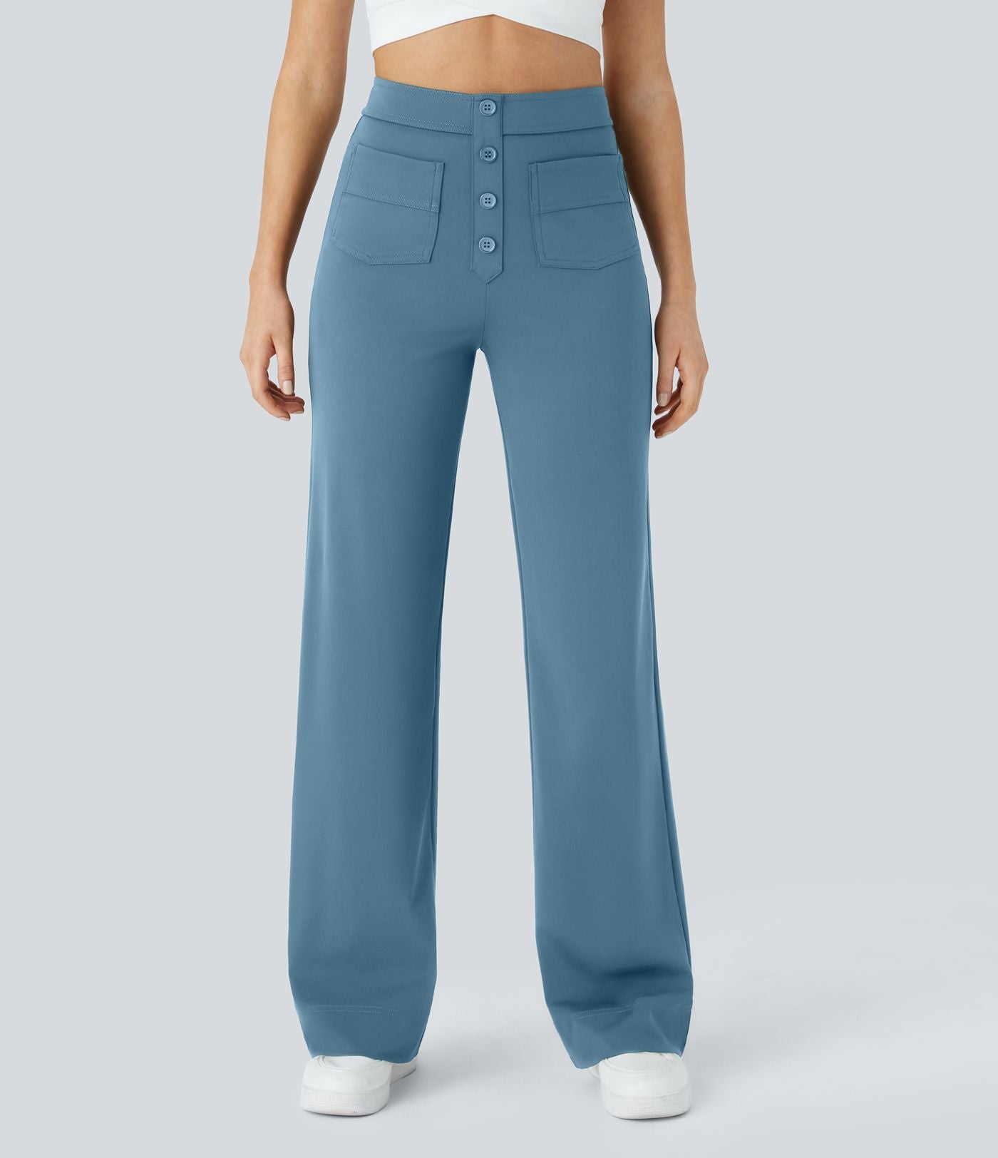 Pantalons élastiques confortables Jade de Danoir Paris en vert, vus de face, tissu doux et ajusté pour le confort.