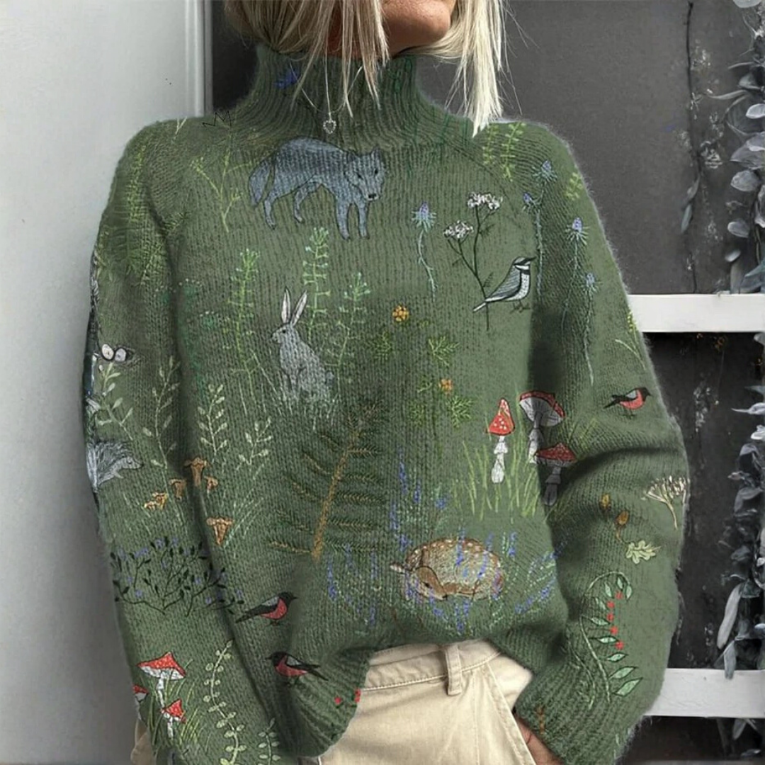 Pull à col roulé chaud et élégant Danoir Paris, en vert, porté sur mannequin, tissu doux et confortable.