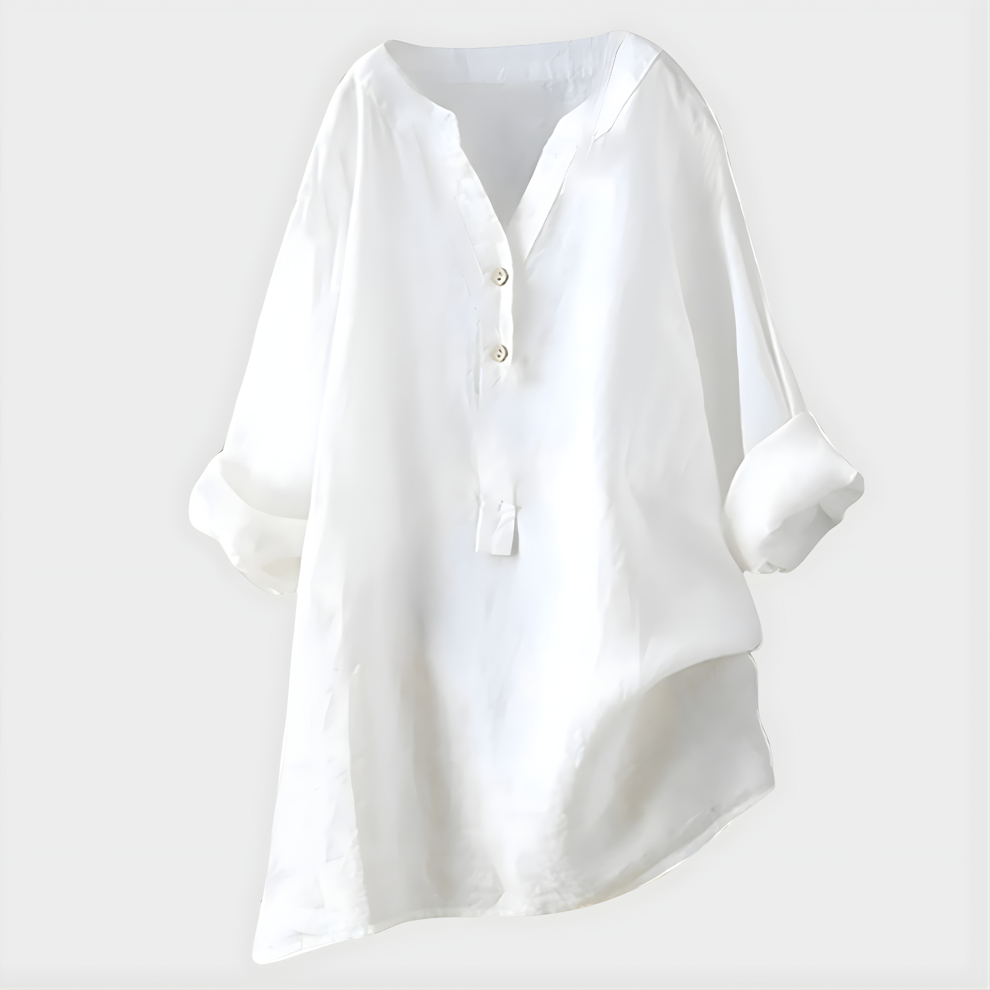 Blouse élégante à col en V Danoir Paris, couleur melon rose, en tissu fluide, portée par un mannequin.