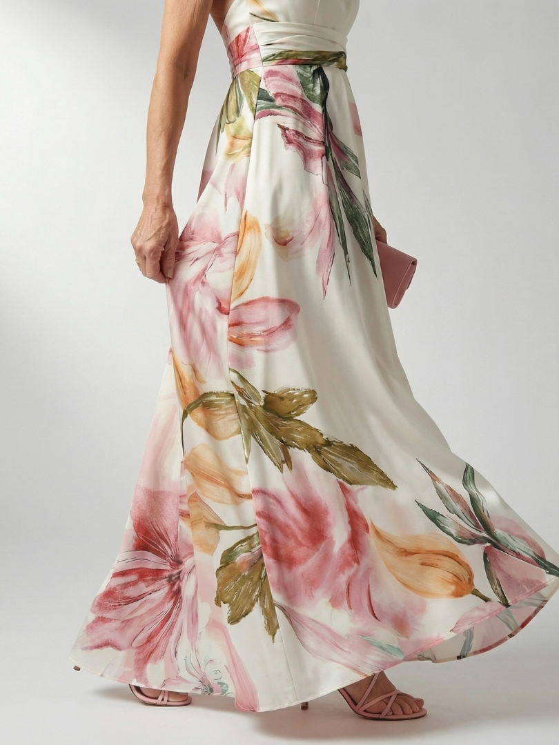 Robe maxi légère à fleurs blanches Danoir Paris Amiel, style floral élégant pour femme, vue de face sur mannequin blanc