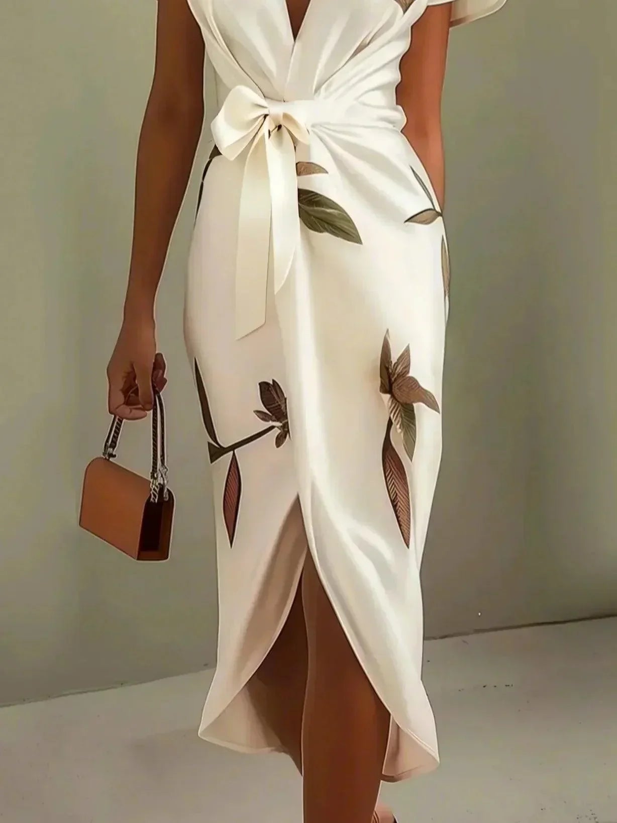 Robe portefeuille élégante Harper™ blanche de Danoir Paris, tissu fluide et coupe sophistiquée, portée en mode chic.