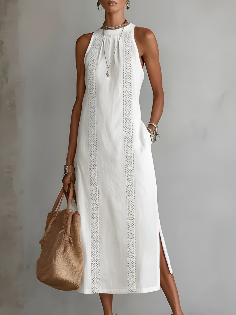 Robe midi en lin blanche Jimena de Danoir Paris avec col mao, vue de face, tissu léger et élégant.