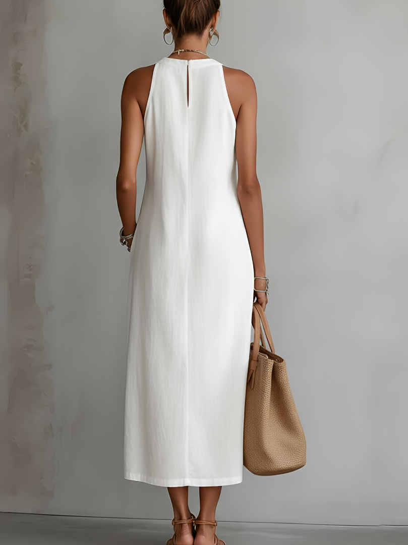 Robe midi en lin blanche Jimena de Danoir Paris avec col mao, vue de face, élégante et légère pour l'été.