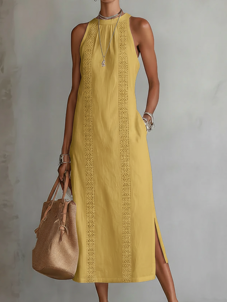 Robe midi en lin blanche Jimena de Danoir Paris avec col Mao, vue de face sur un fond neutre.