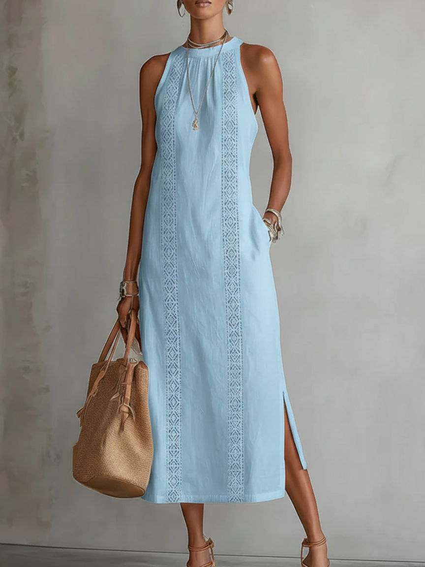 Robe midi en lin blanche Jimena de Danoir Paris avec col Mao, vue de face, élégante et légère.