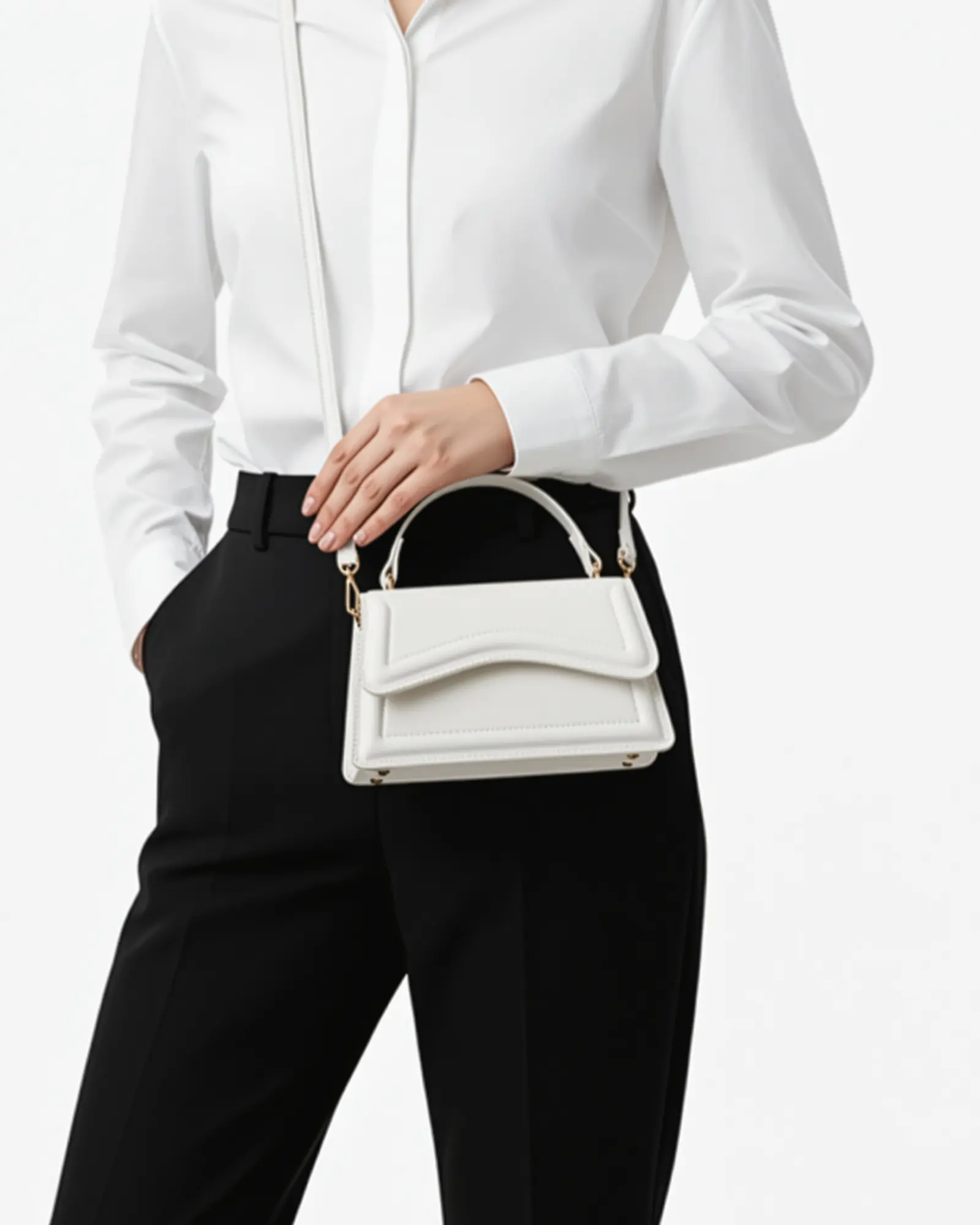 Sac à main blanc Danoir Paris Ibiza avec bandoulière en cuir et détails élégants, vue de face sur fond blanc.