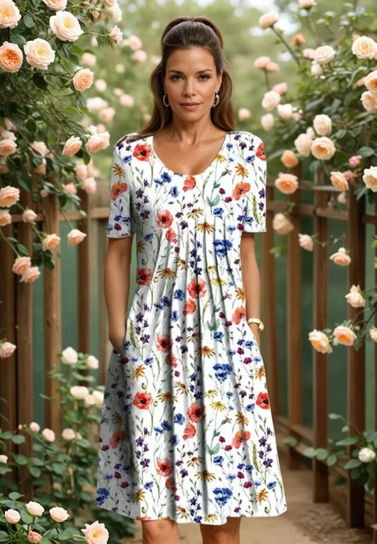 Robe midi élégante Celeste pour femmes de Danoir Paris, robe aérée à fleurs multicolores, style chic et léger.