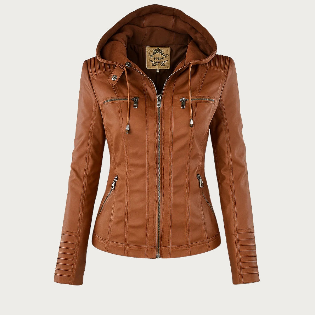 Veste élégante et structurée pour femmes Monica de Danoir Paris, couleur marron clair, taille S, vue de face.