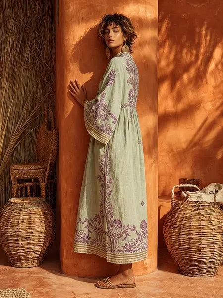 Robe brodée souple pour femmes Danoir Paris en tissu vert avec motifs jasmin, élégante et confortable.