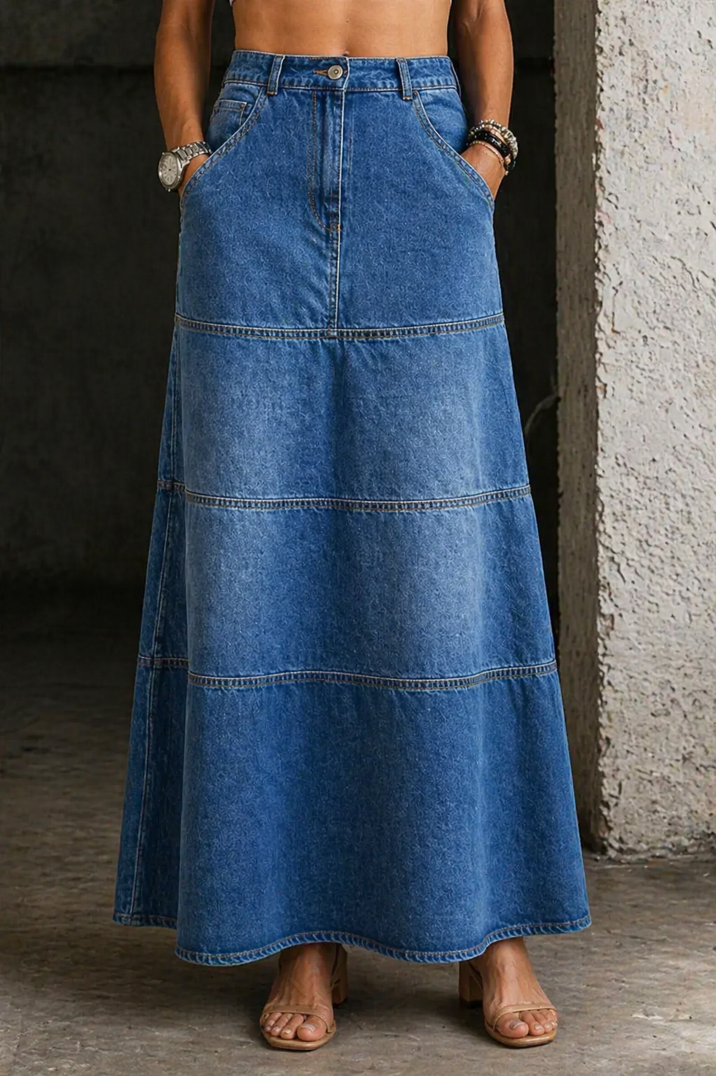 Jupe en jean mi-longue pour femme Danoir Paris, couleur bleue moyenne, style décontracté et tendance.